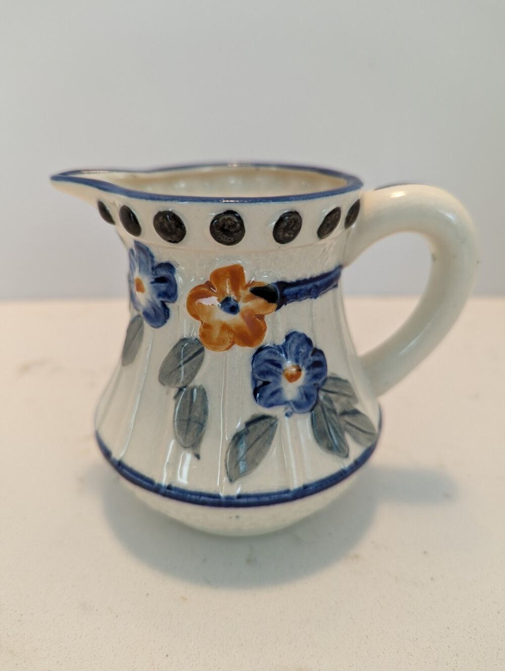 Vintage Japanese Pitcher Ceramic Creamer Hand painted Blue White Floral